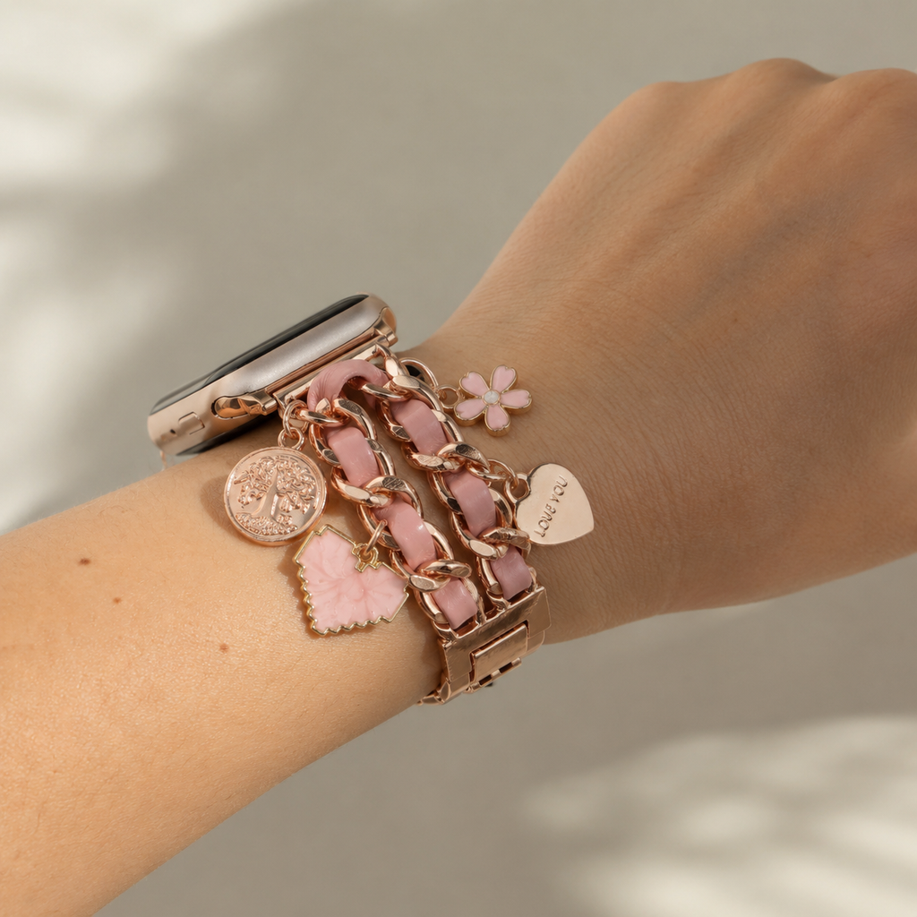 Curea pentru Apple Watch cu charmuri roz „Agapi Rosa”