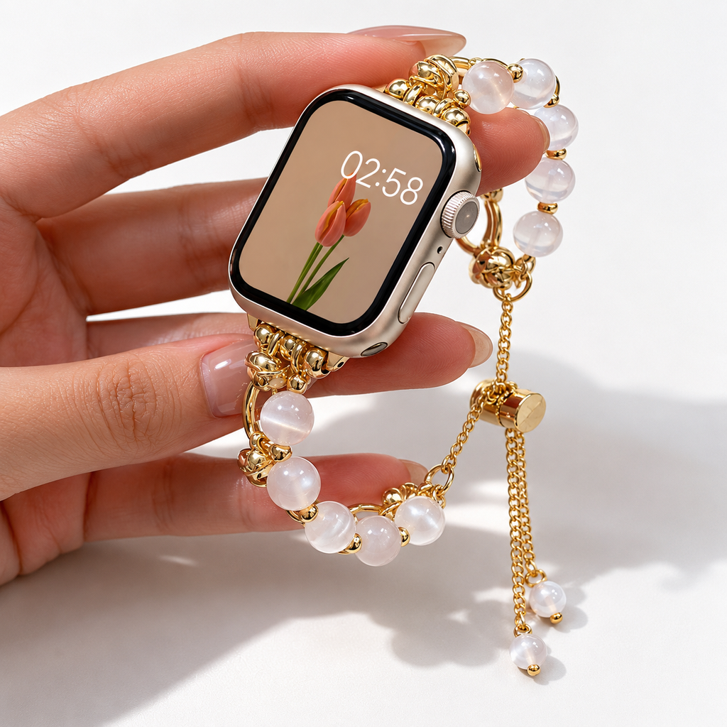 Curea pentru Apple Watch cu mărgele albe „Agapi Luna”