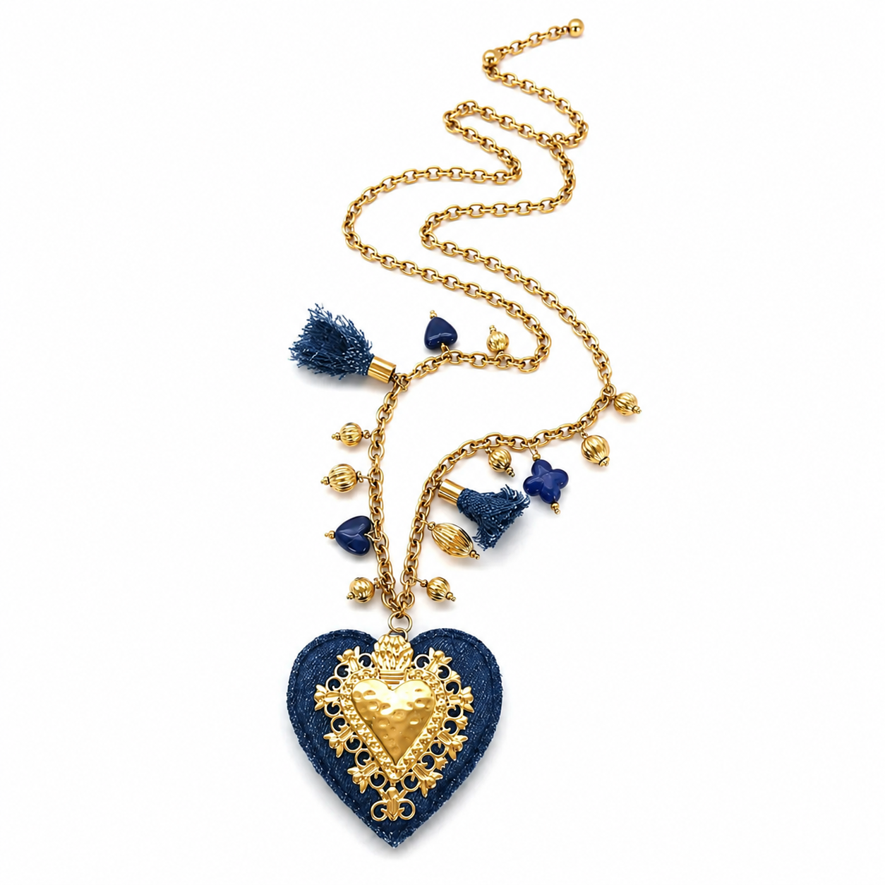 Colier luxury lung din inox placat cu aur + denim „Korona"